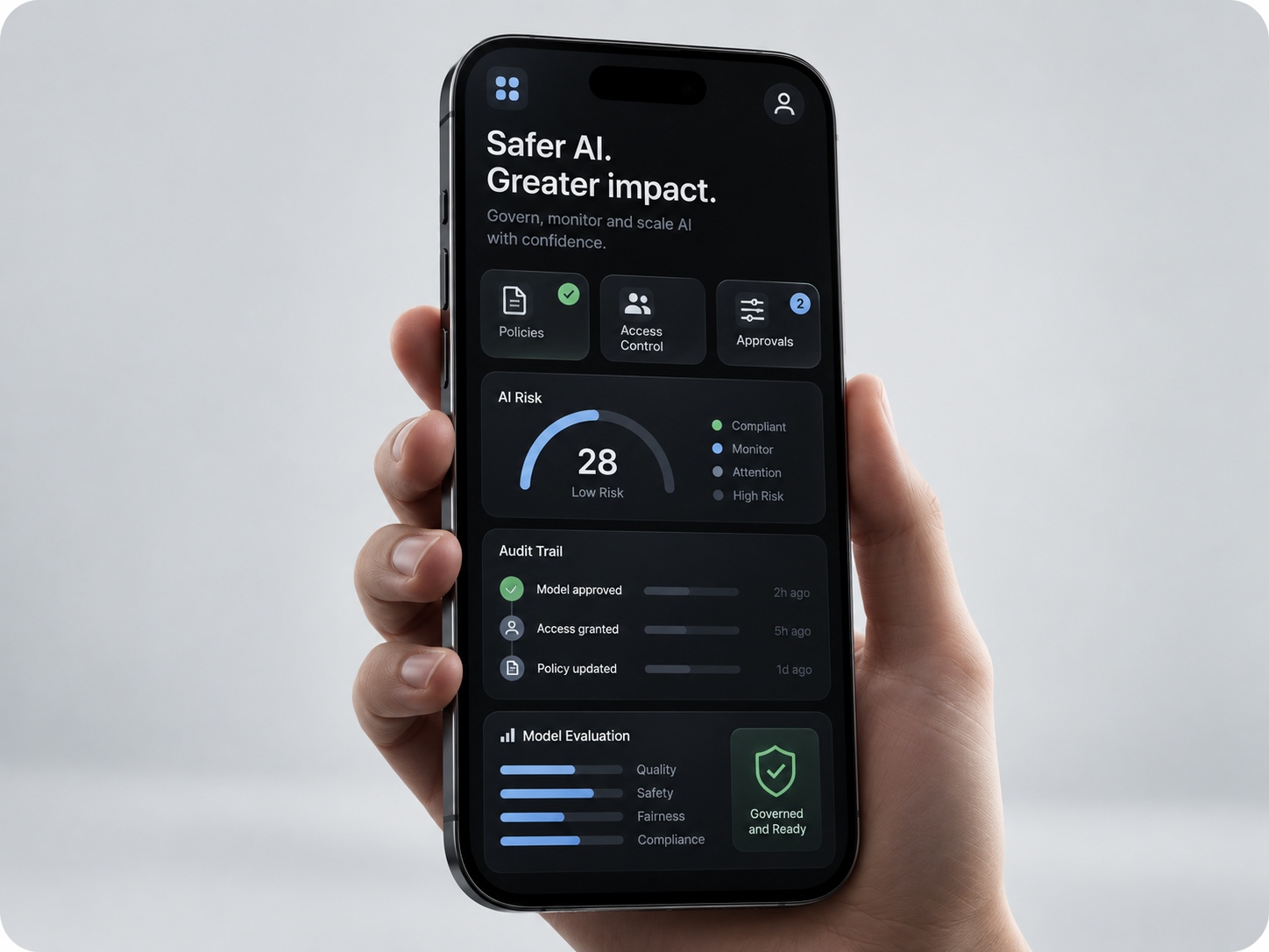 EfactAI AI Governance als hochwertige iPhone-Produktansicht fuer Richtlinien, Rollen, Audit und Evaluation.