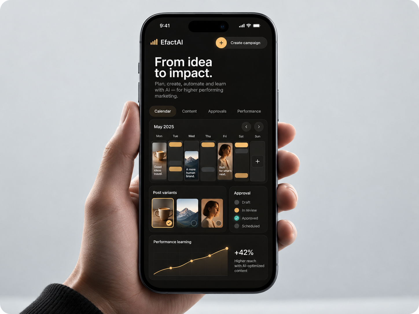 EfactAI Marketing AI als hochwertige iPhone-Produktansicht fuer Kampagnenplanung, Varianten und Performance.