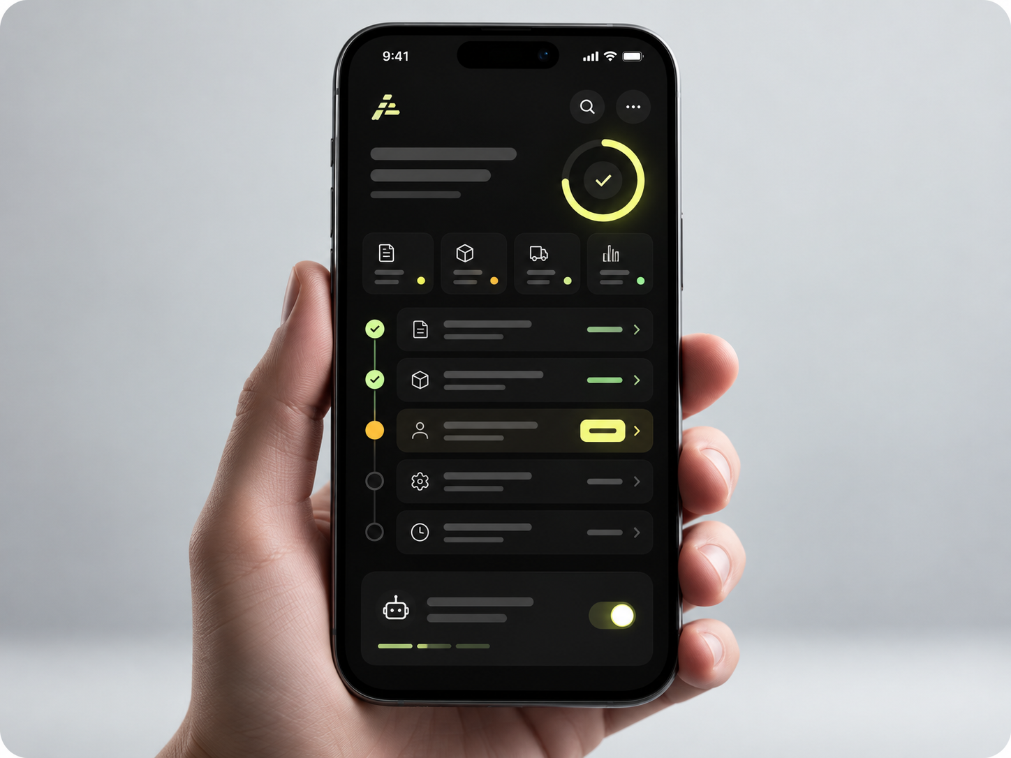 EfactAI Operations Agent als hochwertige iPhone-Produktansicht fuer Aufgaben, Freigaben und Routinen.