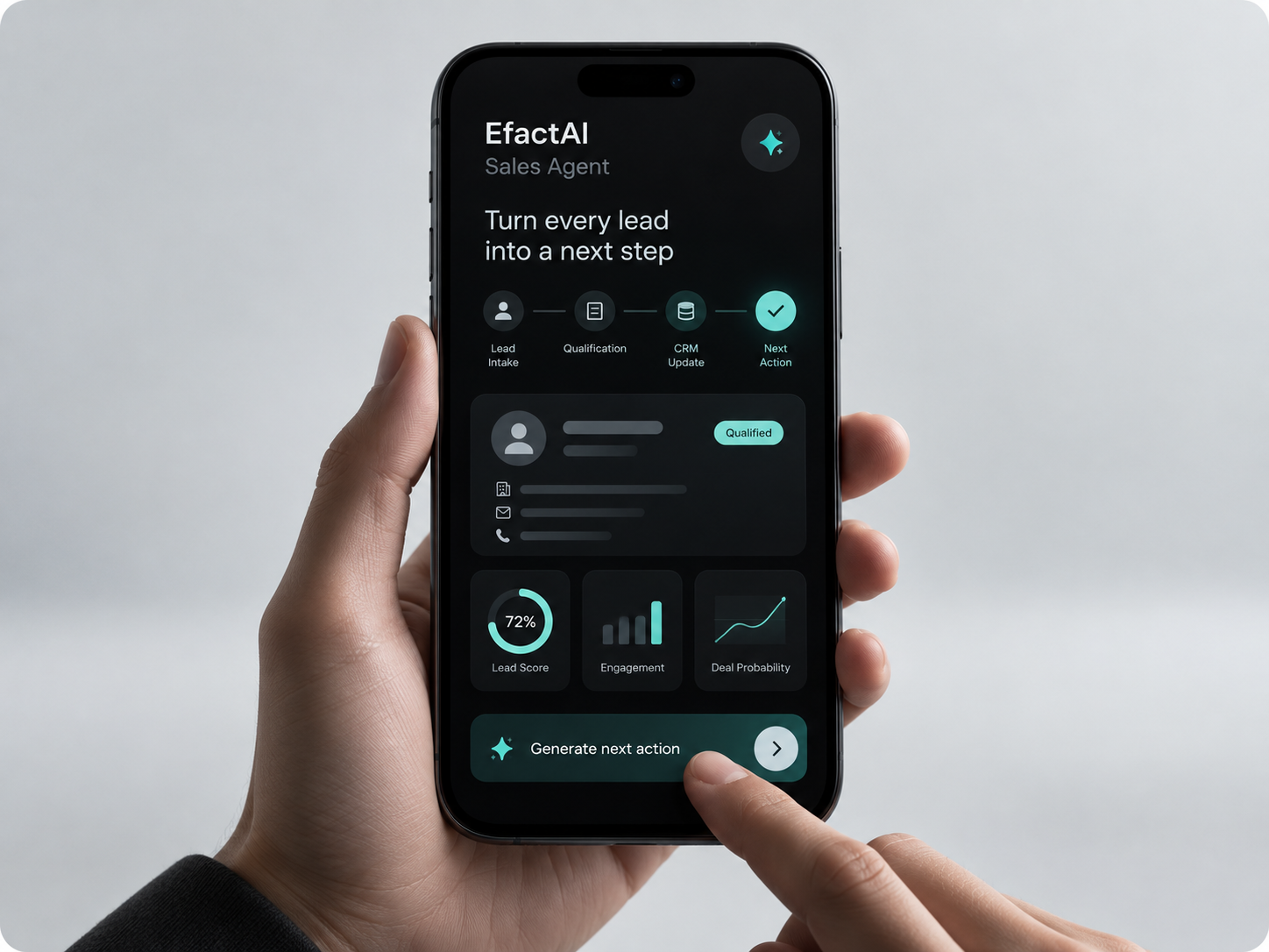 EfactAI Sales Agent als hochwertige iPhone-Produktansicht fuer Lead-Intake, Qualification, CRM und naechste Aktion.