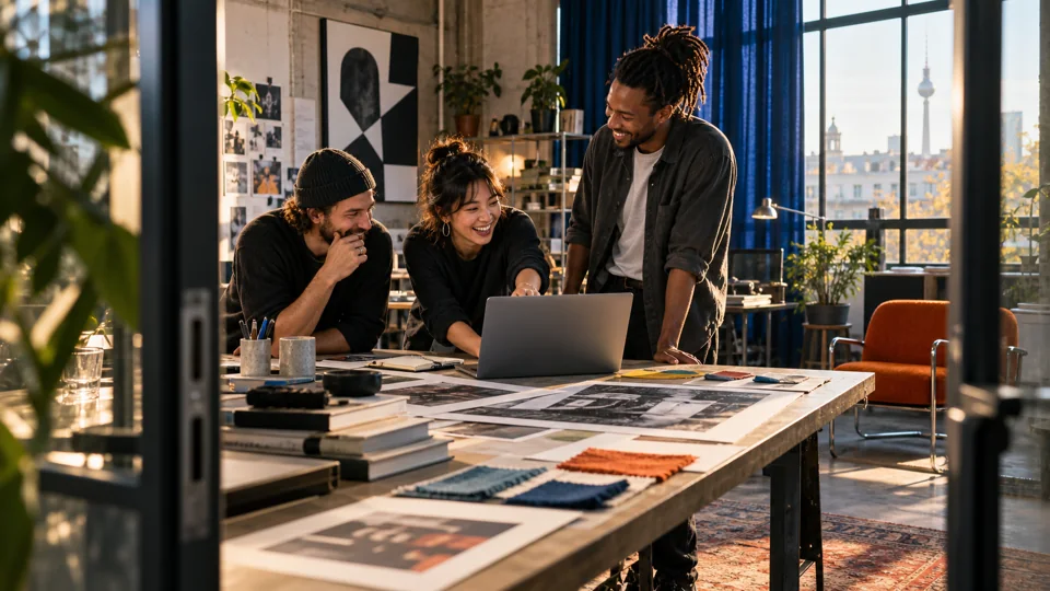 Kreativteam entwickelt gemeinsam eine Idee am Laptop