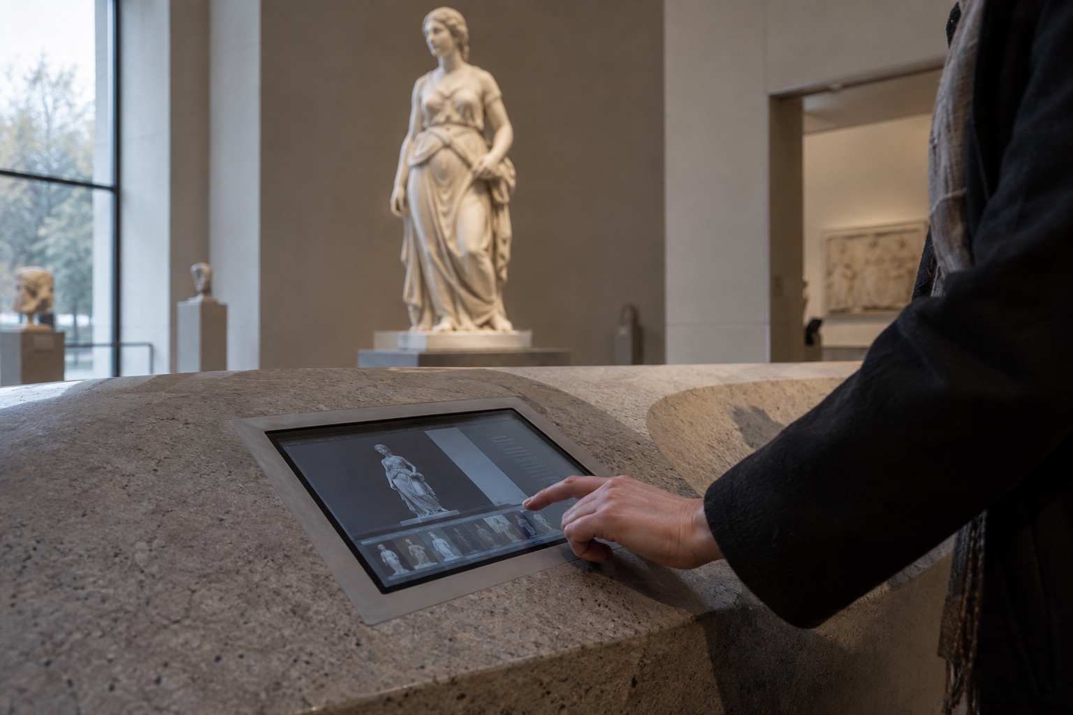 Besucherin erkundet eine Ausstellung an einer interaktiven Informationsstation