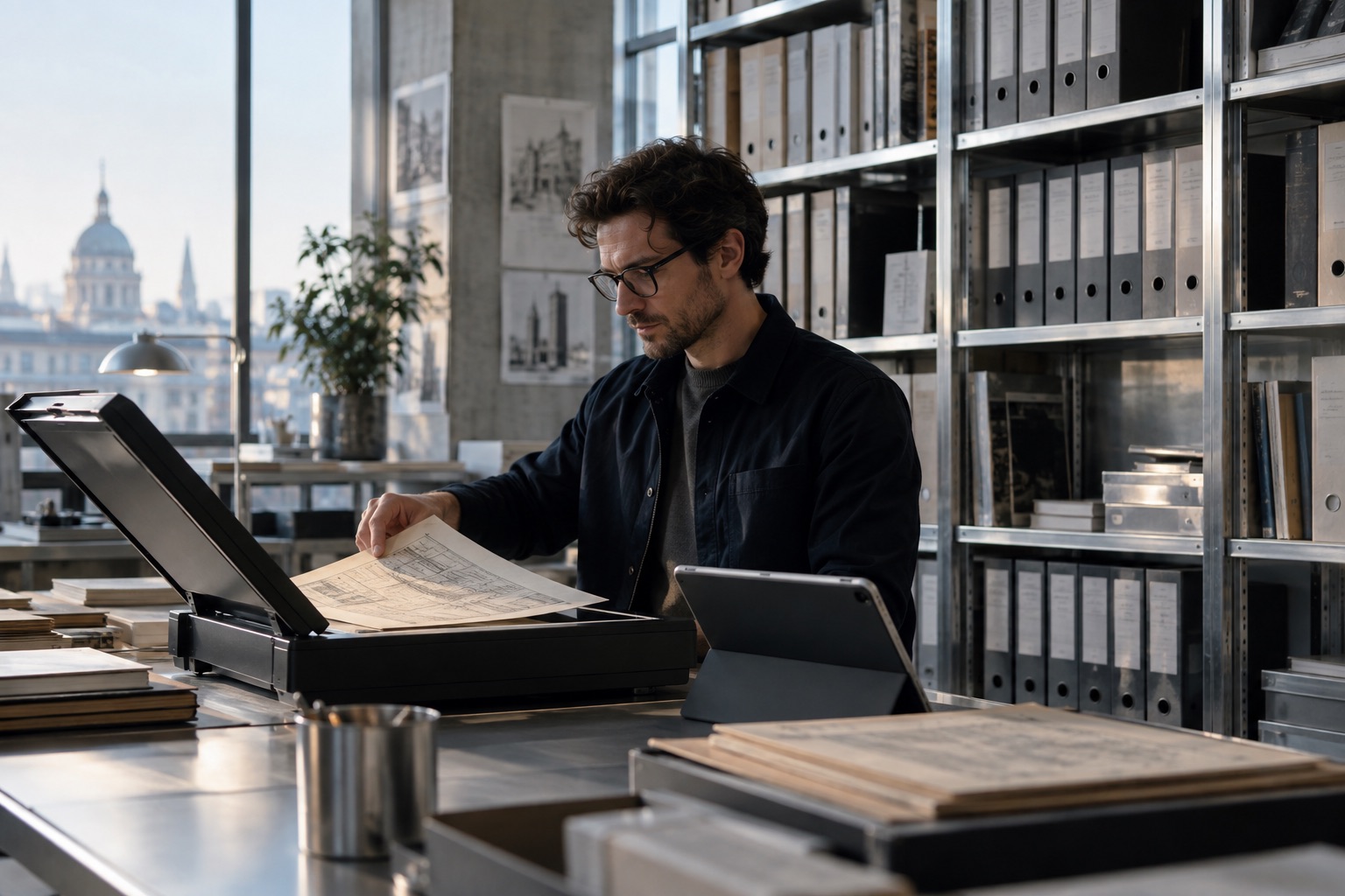 Rechercheur digitalisiert eine Quelle in einem technischen Archiv